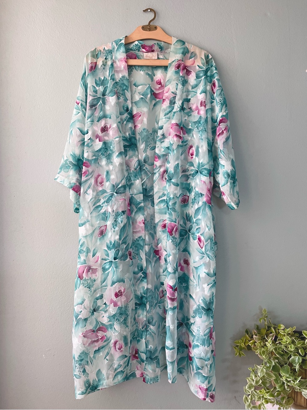 Inner Most | Vintage 80s Turquoise Floral Long Sheer Robe